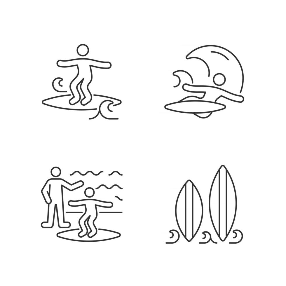 Surfboarding linear icons set. Crumbly waves surfing. Flight maneuver. Taking surf classes. Customizable thin line contour symbols. Isolated vector outline illustrations. Editable stroke