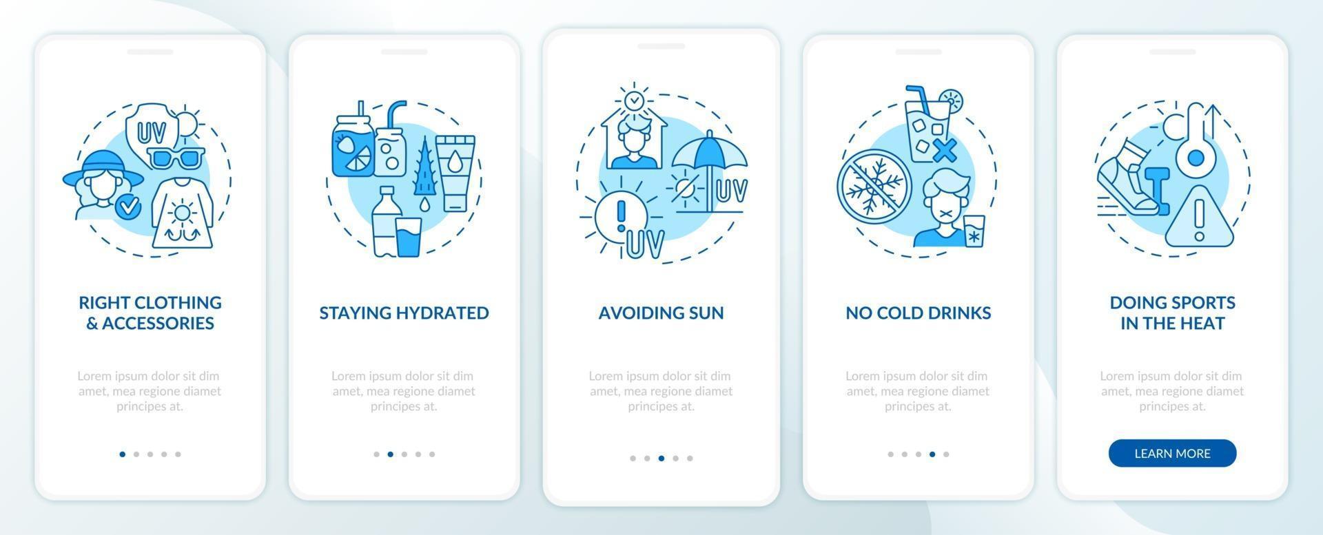 Sunstroke prevention onboarding mobile app page screen. Sun protective clothes walkthrough 5 steps graphic instructions with concepts. UI, UX, GUI vector template with linear color illustrations