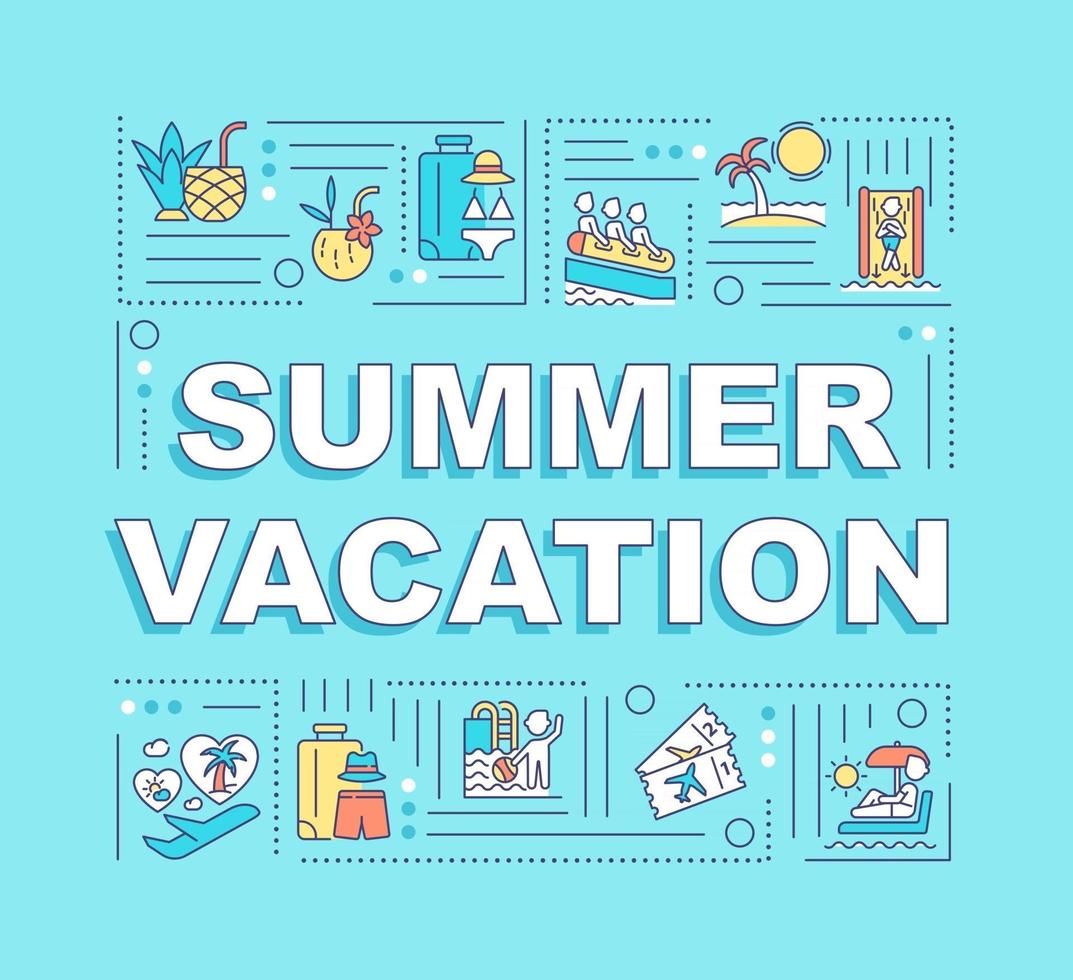 Banner de conceptos de palabra de vacaciones de verano. destinos de vacaciones. infografías con iconos lineales sobre fondo turquesa. tipografía creativa aislada. ilustración de color de contorno vectorial con texto vector