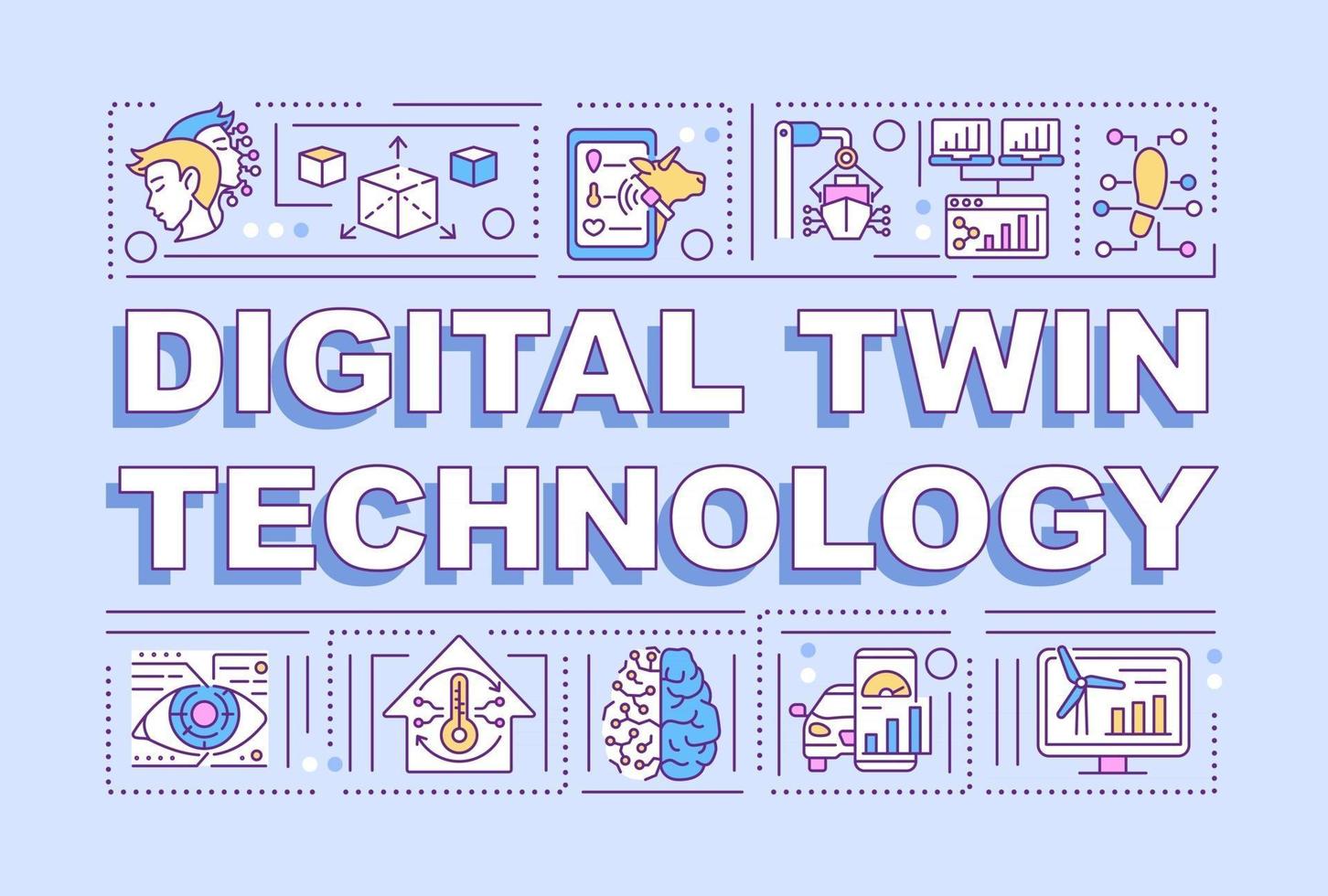 Banner de conceptos de palabra de tecnología de gemelo digital. computadoras inteligentes. infografías con iconos lineales sobre fondo morado. tipografía creativa aislada. ilustración de color de contorno vectorial con texto vector