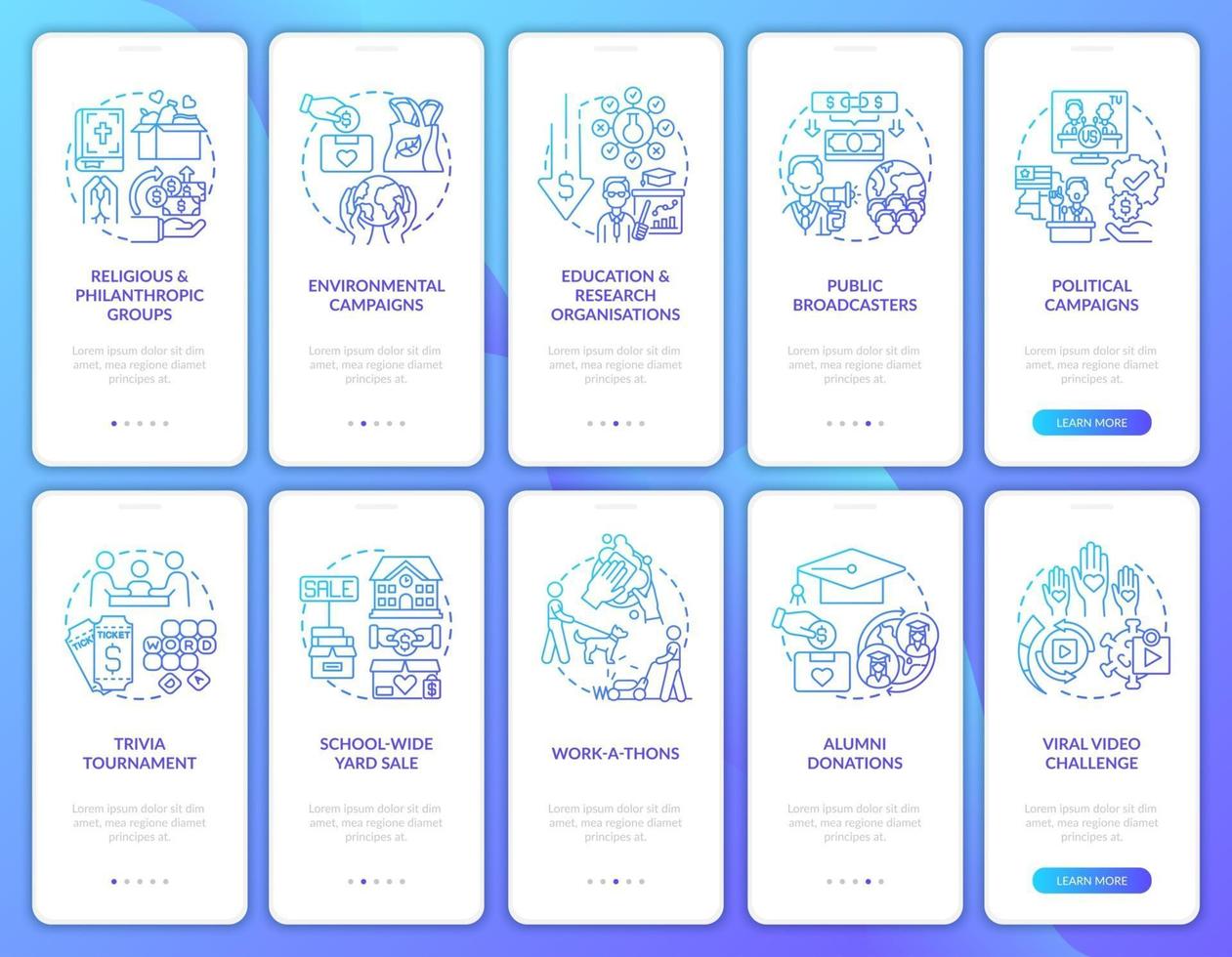 Charitable financial support onboarding mobile app page screens set. Fundraising walkthrough 5 steps graphic instructions with concepts. UI, UX, GUI vector template with linear color illustrations
