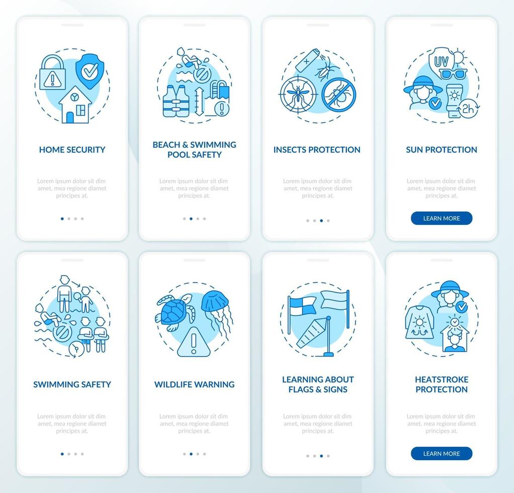 Planning summer trip onboarding mobile app page screens set. Skin protection walkthrough 4 steps graphic instructions with concepts. UI, UX, GUI vector template with linear color illustrations