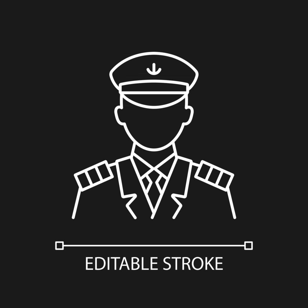 Male captain white linear icon for dark theme. Person controling all cruise crew. Providing service. Thin line customizable illustration. Isolated vector contour symbol for night mode. Editable stroke