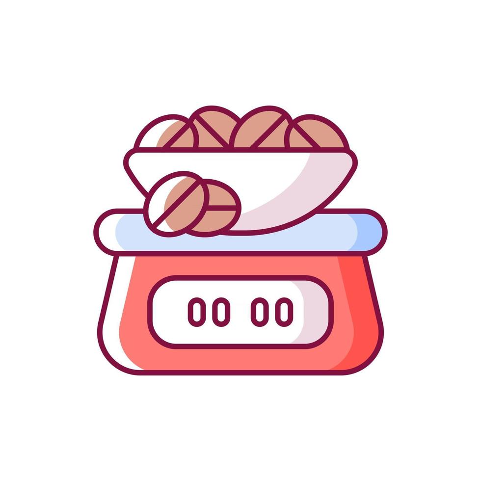 Coffee scale RGB color icon. Appliance for measuring beans weight. Weighing roasted seeds for espresso preparation. Isolated vector illustration. Barista accessories simple filled line drawing