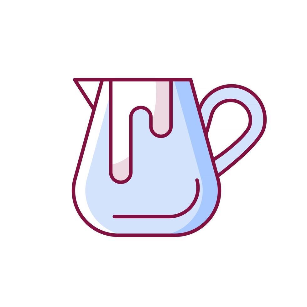 Milk jug RGB color icon. Pitcher for professional latte art. Equipment for coffee shop and cappuccino preparation. Isolated vector illustration. Barista accessories simple filled line drawing