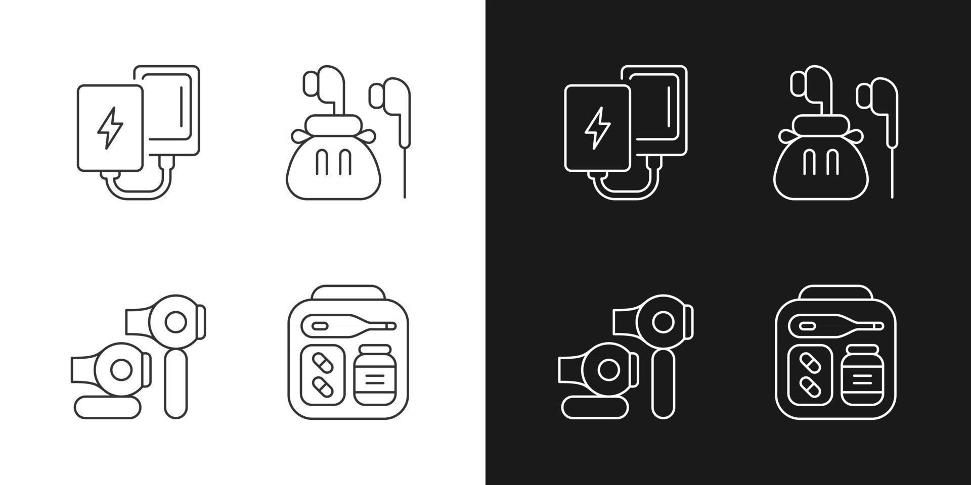 Traveller luggage linear icons set for dark and light mode. Compact powerbank and headphones. Customizable thin line symbols. Isolated vector outline illustrations. Editable stroke