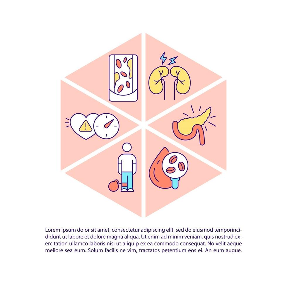 iconos de línea de concepto de diabetes con texto. plantilla de vector de página ppt con espacio de copia. folleto, revista, elemento de diseño de boletín. Medicamentos para personas enfermas ayudan a ilustraciones lineales en blanco.