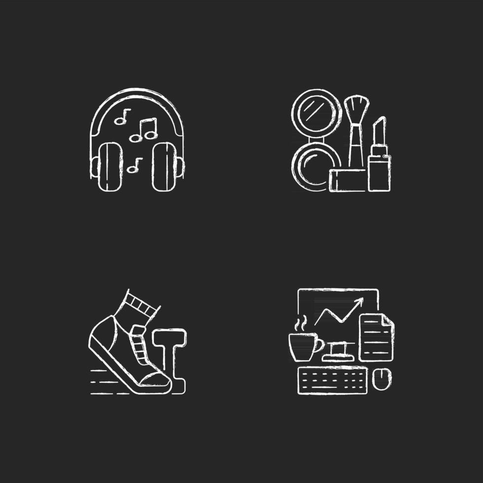 Los iconos blancos de la tiza de la rutina del trabajador de oficina diario fijaron en fondo oscuro. escuchando música en auriculares. maquillaje y cosmética. horario diario. ilustraciones de pizarra de vector aislado en negro