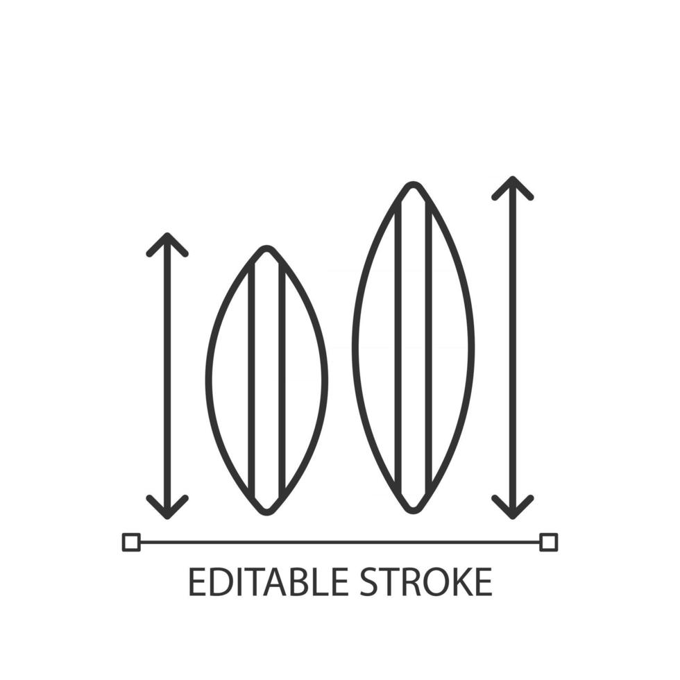 Choosing surfboard size linear icon. Depending on surfer weight, abilities. Shortboard, longboard. Thin line customizable illustration. Contour symbol. Vector isolated outline drawing. Editable stroke