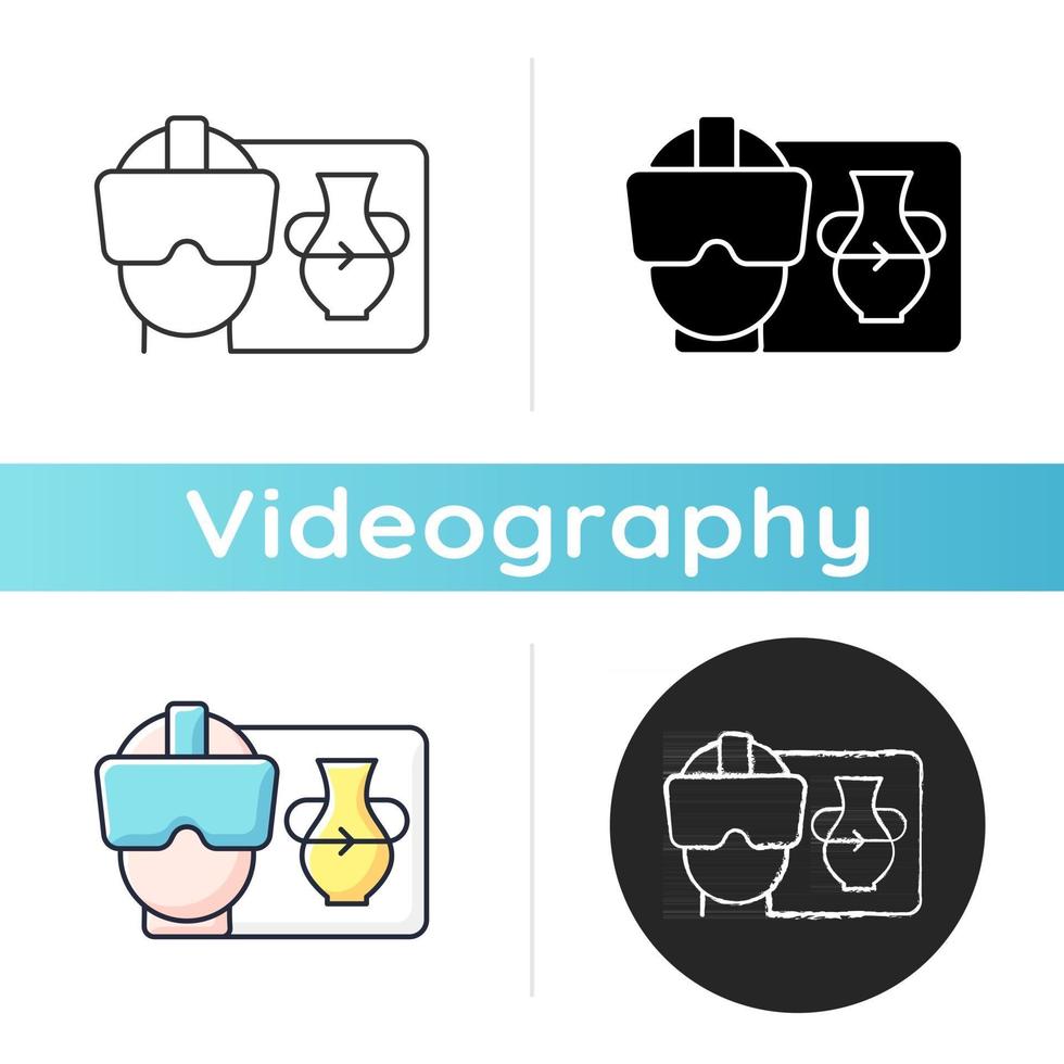 VR icon. Virtual reality for interactive classes. Innovative film production. Headset for immersing in cyberspace. Videography. Linear black and RGB color styles. Isolated vector illustrations
