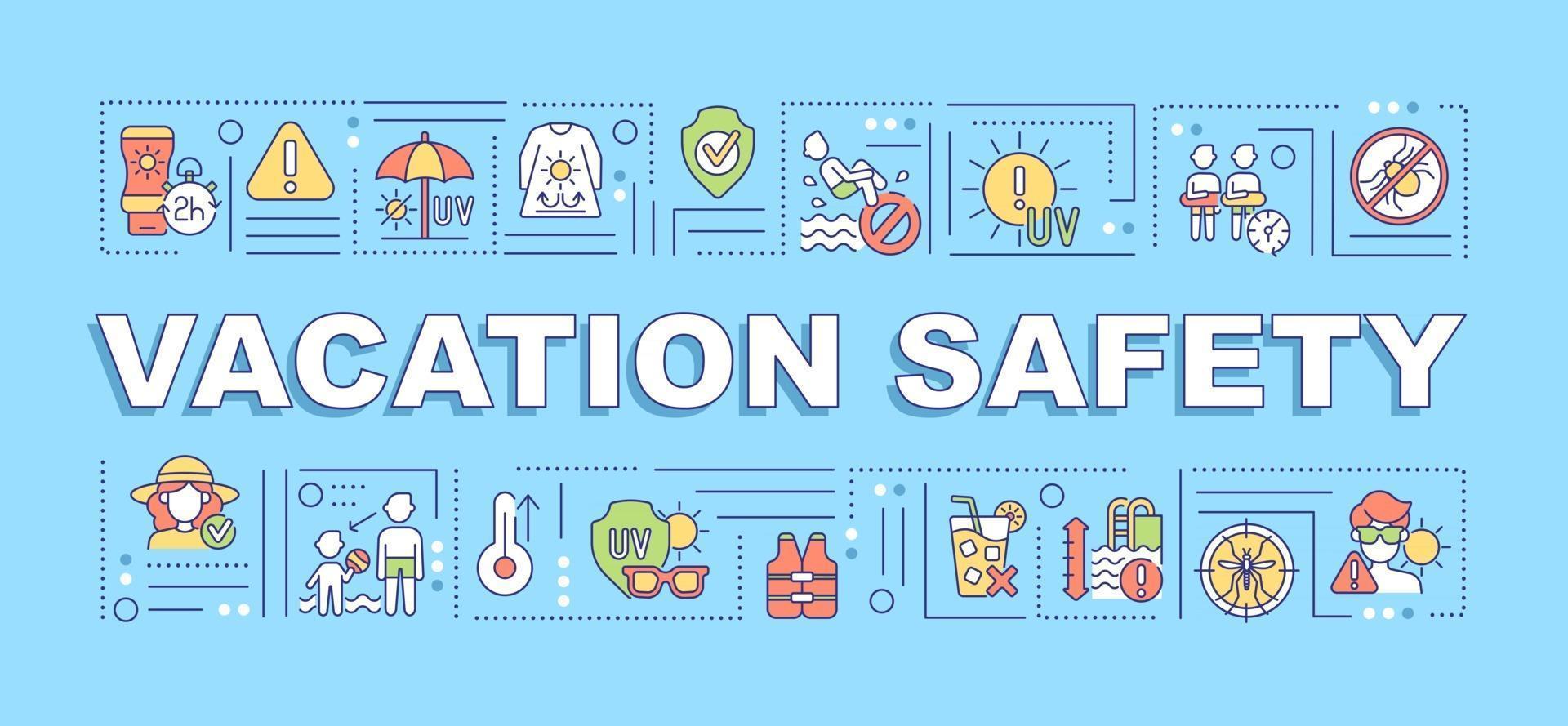Vacation safety word concepts banner. Sun-safety approach. Avoid bug bites. Infographics with linear icons on blue background. Isolated creative typography. Vector outline color illustration with text