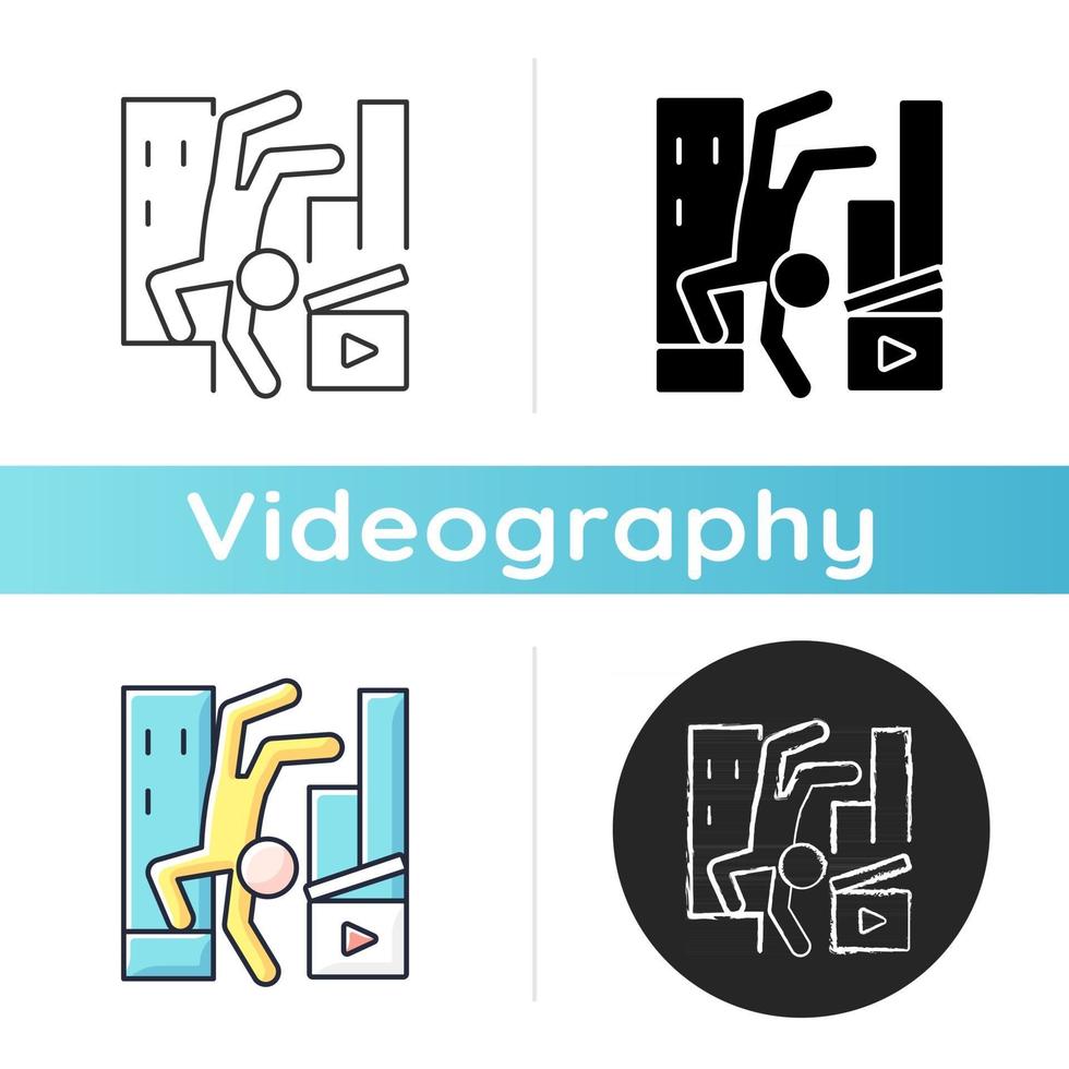 icono de videos de parkour. filmaciones de imágenes en movimiento. Realización de películas sobre deportes extremos de freerunning. videografía. Estilos lineales de color negro y rgb. ilustraciones vectoriales aisladas vector