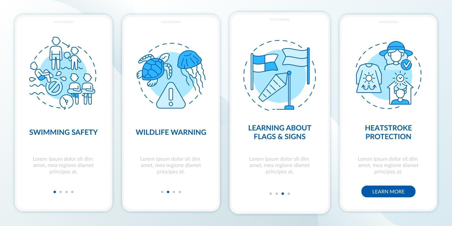 Summer seaside safety onboarding mobile app page screen. Sunstroke protection walkthrough 4 steps graphic instructions with concepts. UI, UX, GUI vector template with linear color illustrations