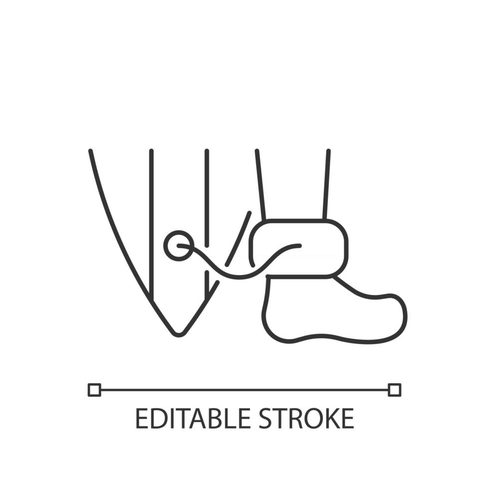 Wearing surfboard leash linear icon. Being attached to surfboard deck by leg rope. Thin line customizable illustration. Contour symbol. Vector isolated outline drawing. Editable stroke