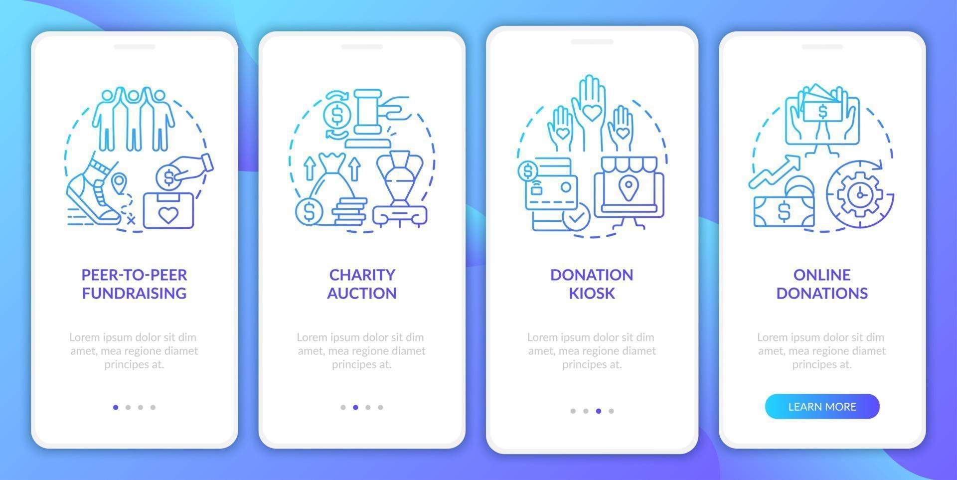 Collecting money event ideas onboarding mobile app page screen. Online donations walkthrough 4 steps graphic instructions with concepts. UI, UX, GUI vector template with linear color illustrations