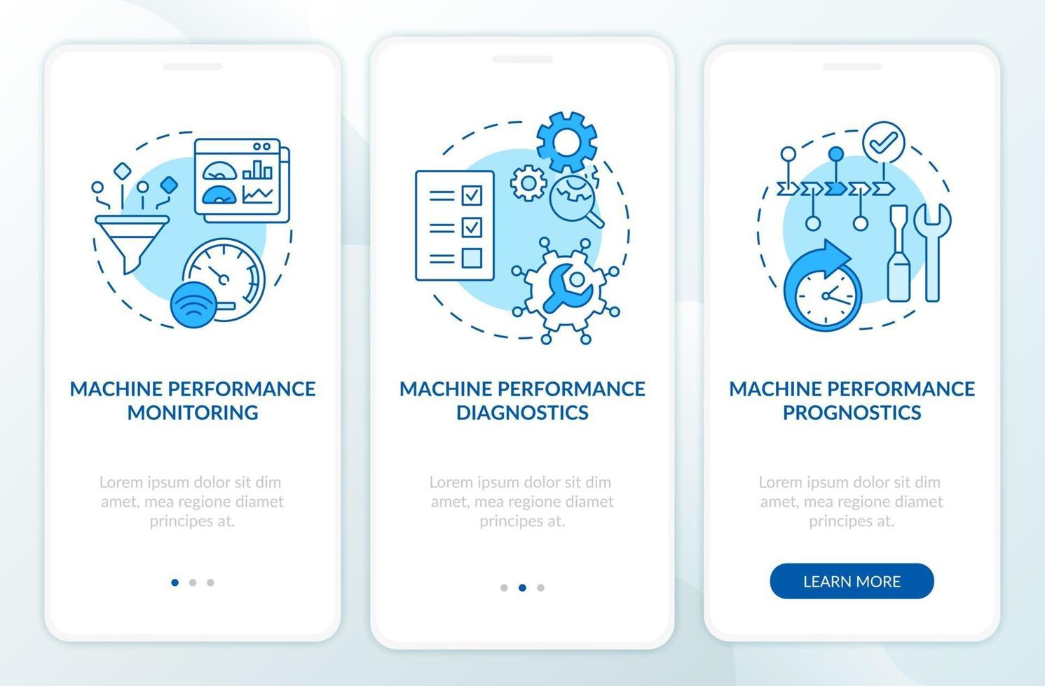 Digital twin tasks onboarding mobile app page screen. Machine diagnostic monitoring walkthrough 3 steps graphic instructions with concepts. UI, UX, GUI vector template with linear color illustrations