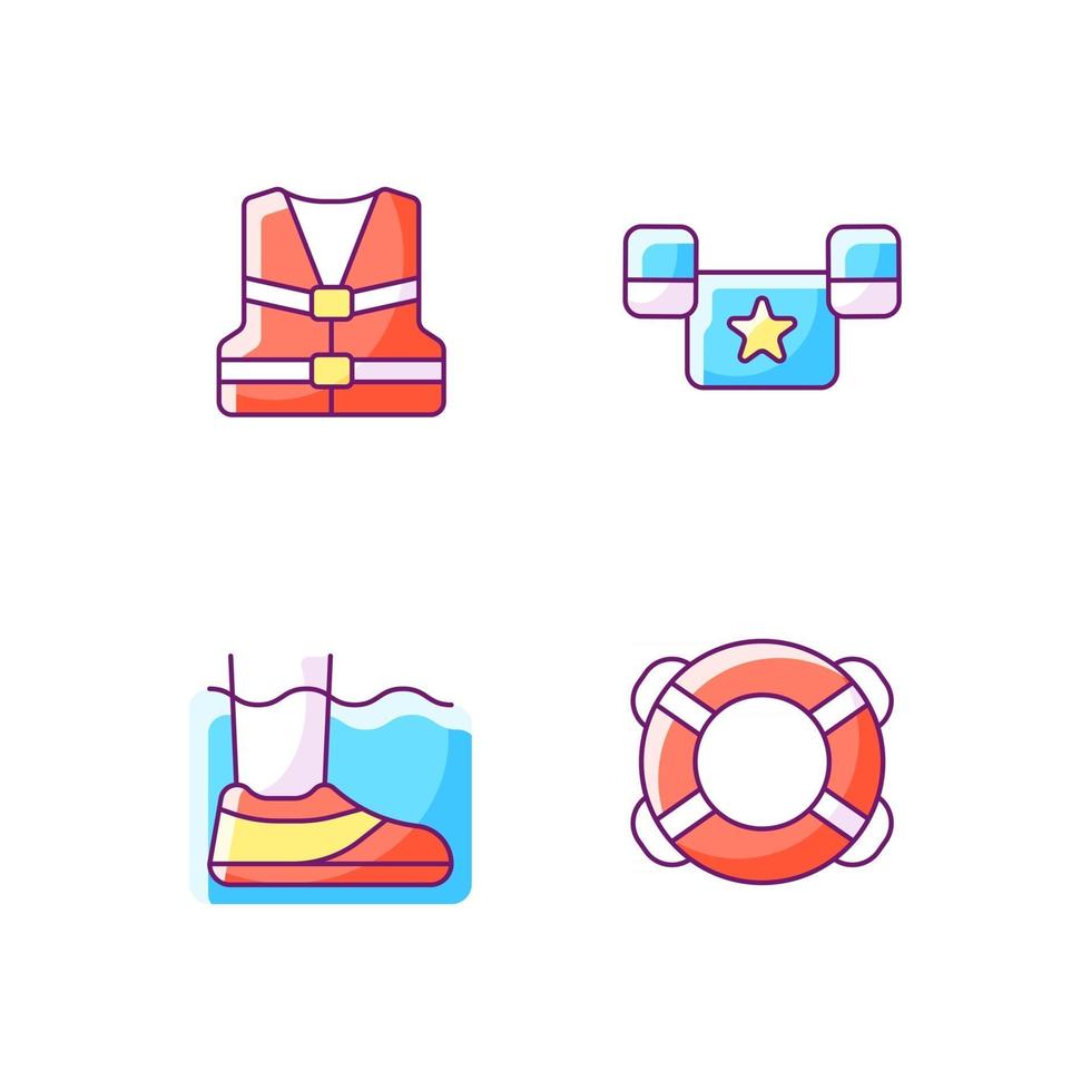 Pool equipment RGB color icons set. Life jacket. Puddle jumper. Water shoes. Ring buoy. Flotation device. Isolated vector illustrations. Outdoor water activities simple filled line drawings collection