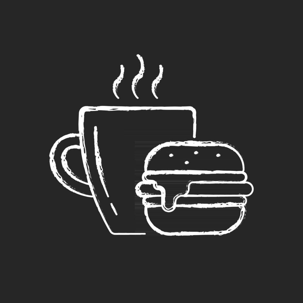 Lunch chalk white icon on dark background. Burger and drink in cup. Coffee mug with sandwich. Dining at cafe. Fast food order. Everyday routine. Isolated vector chalkboard illustration on black