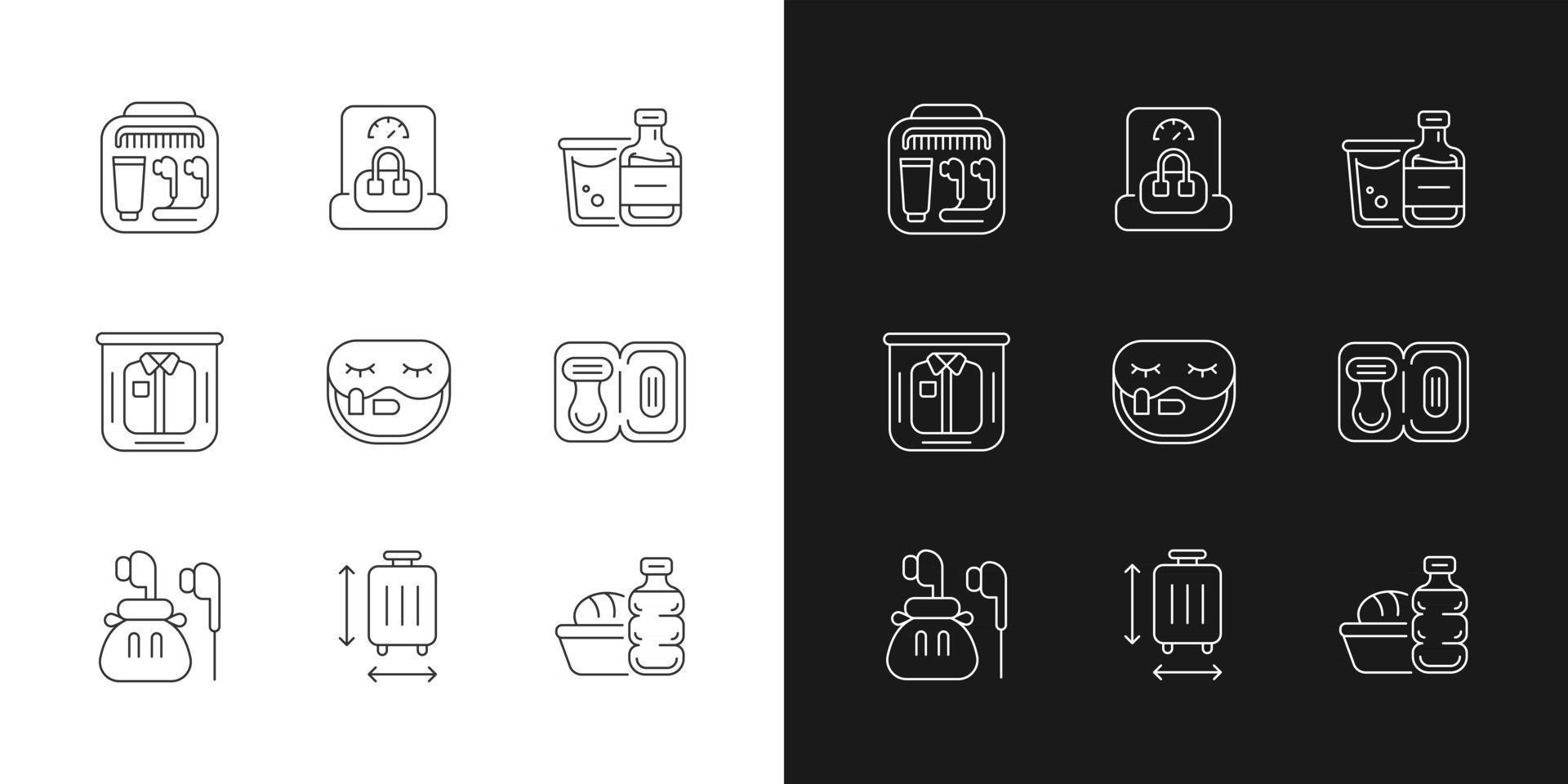 Airplane passenger travelling things linear icons set for dark and light mode. First aid kit. Weighing baggage. Customizable thin line symbols. Isolated vector outline illustrations. Editable stroke