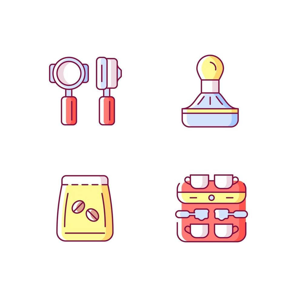 Coffee shop professional tools RGB color icons set. Professional portafilter and tamper. Coffee beans in bag. Isolated vector illustrations. Espresso making simple filled line drawings collection