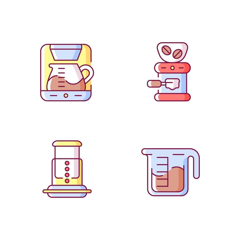 Coffee shop machine RGB color icons set. Bean grinder, commercial mill for processing. Professional drip machine. Isolated vector illustrations. Espresso making simple filled line drawings collection