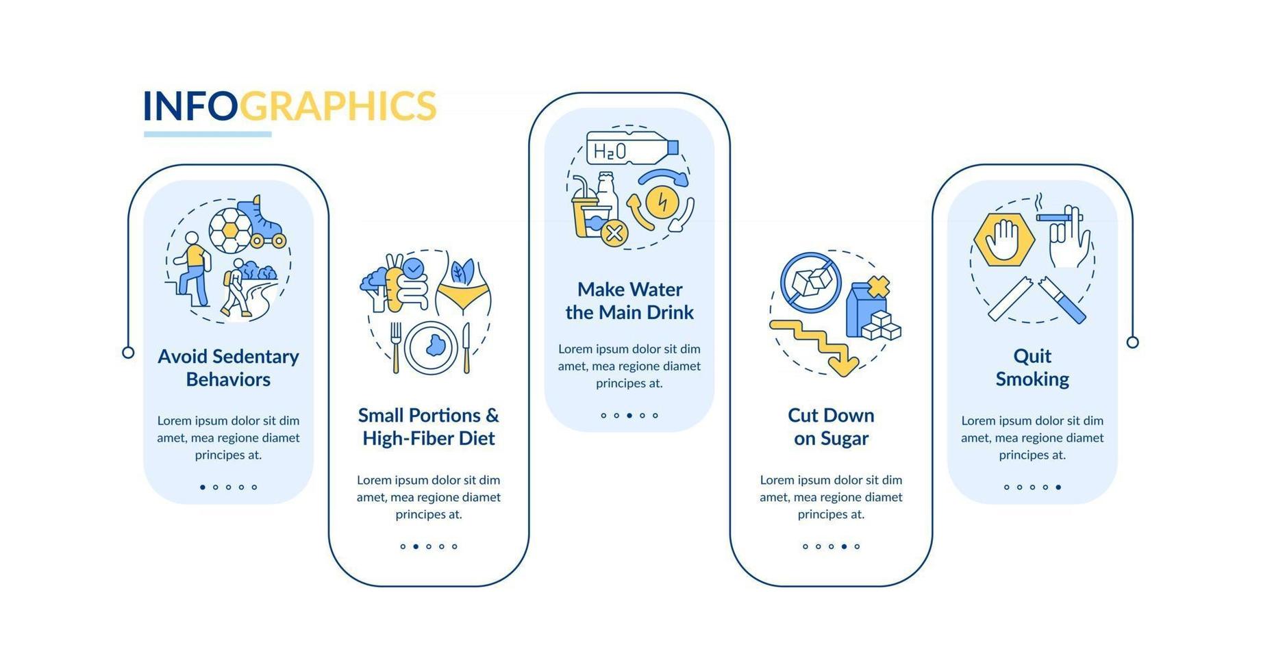 Diabetes prevention tips vector infographic template. Sedentary presentation outline design elements. Data visualization with 5 steps. Process timeline info chart. Workflow layout with line icons