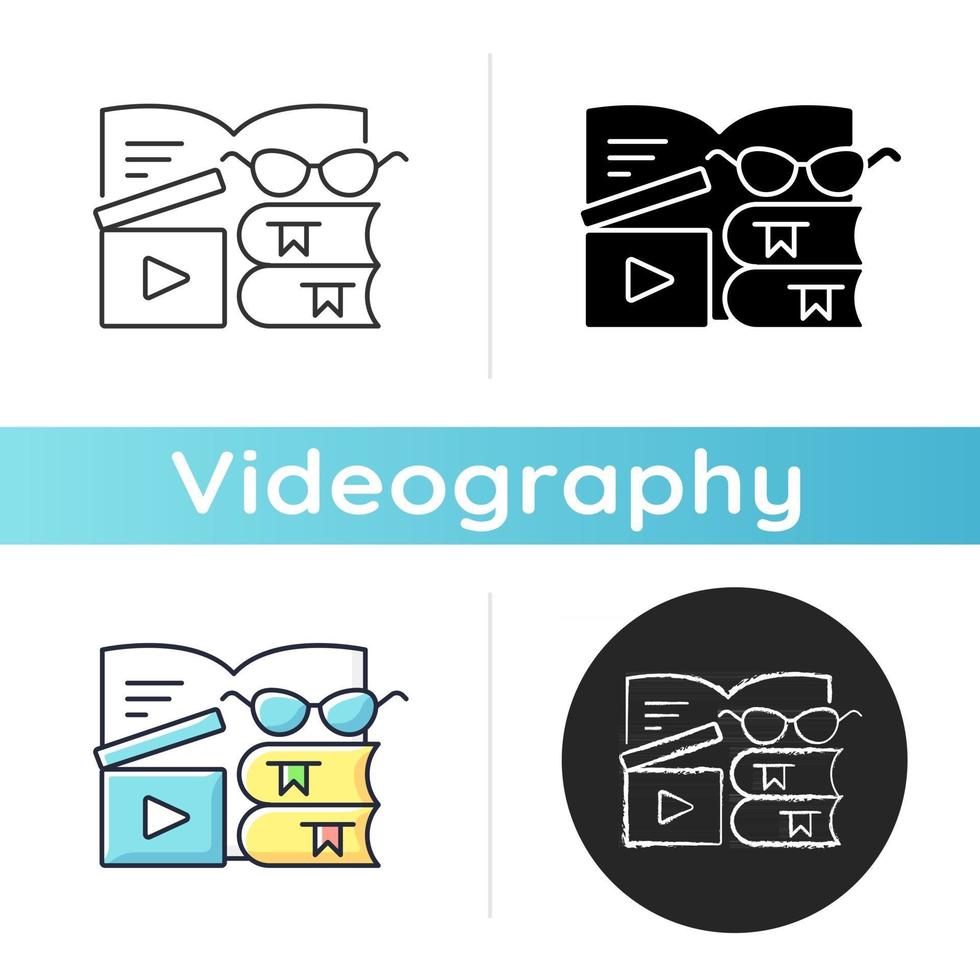 icono de videos de revisión de libros. rodaje de contenido para vlog de literatura. libro electrónico en línea. Realización de películas para blog literario. videografía. Estilos lineales de color negro y rgb. ilustraciones vectoriales aisladas vector