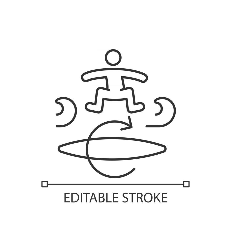 icono lineal de la técnica de surf kickflip. realizar truco de volteo en la tabla de surf. tablero girando en el sentido de las agujas del reloj. Ilustración personalizable de línea fina. símbolo de contorno. dibujo de contorno aislado vectorial. trazo editable vector