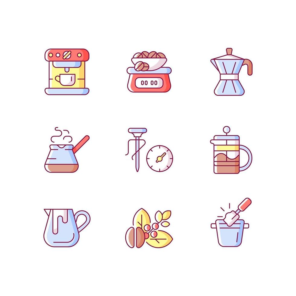 Coffee shop RGB color icons set. Moka pot. Turkish cezve for brewing drink. Milk pitcher for baristas. Isolated vector illustrations. Espresso making simple filled line drawings collection