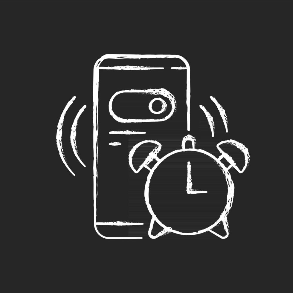 despertador icono de tiza blanca sobre fondo oscuro. teléfono móvil para la cuenta regresiva de la mañana. configurar el anillo del teléfono inteligente. rutina diaria y horario diario. Ilustración de pizarra de vector aislado en negro