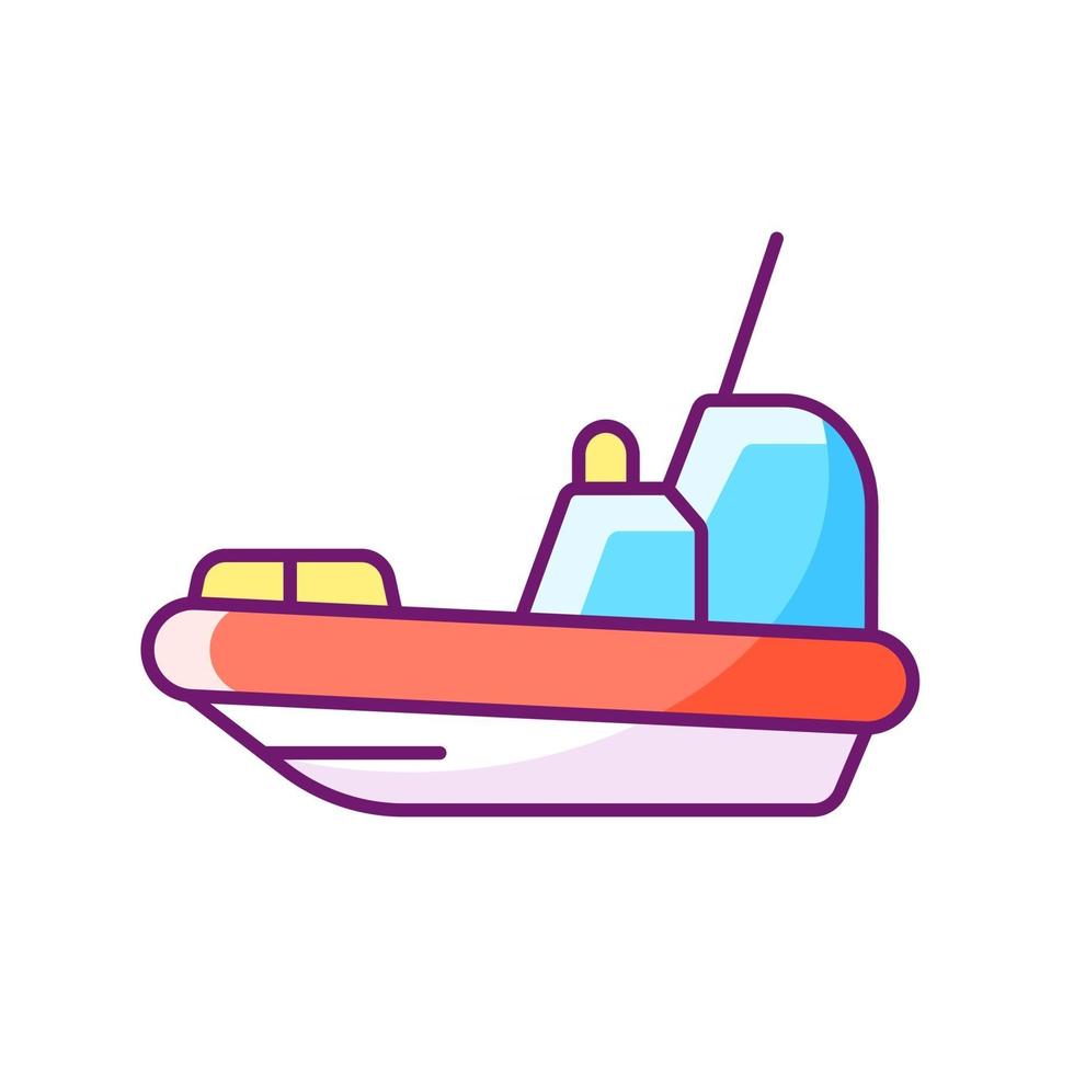 Rescue boat RGB color icon. Isolated vector illustration. Lifeboat for victims rescuing. Survival craft. Saving lives at sea, ocean. Lifesaving works. Emergency operations simple filled line drawing