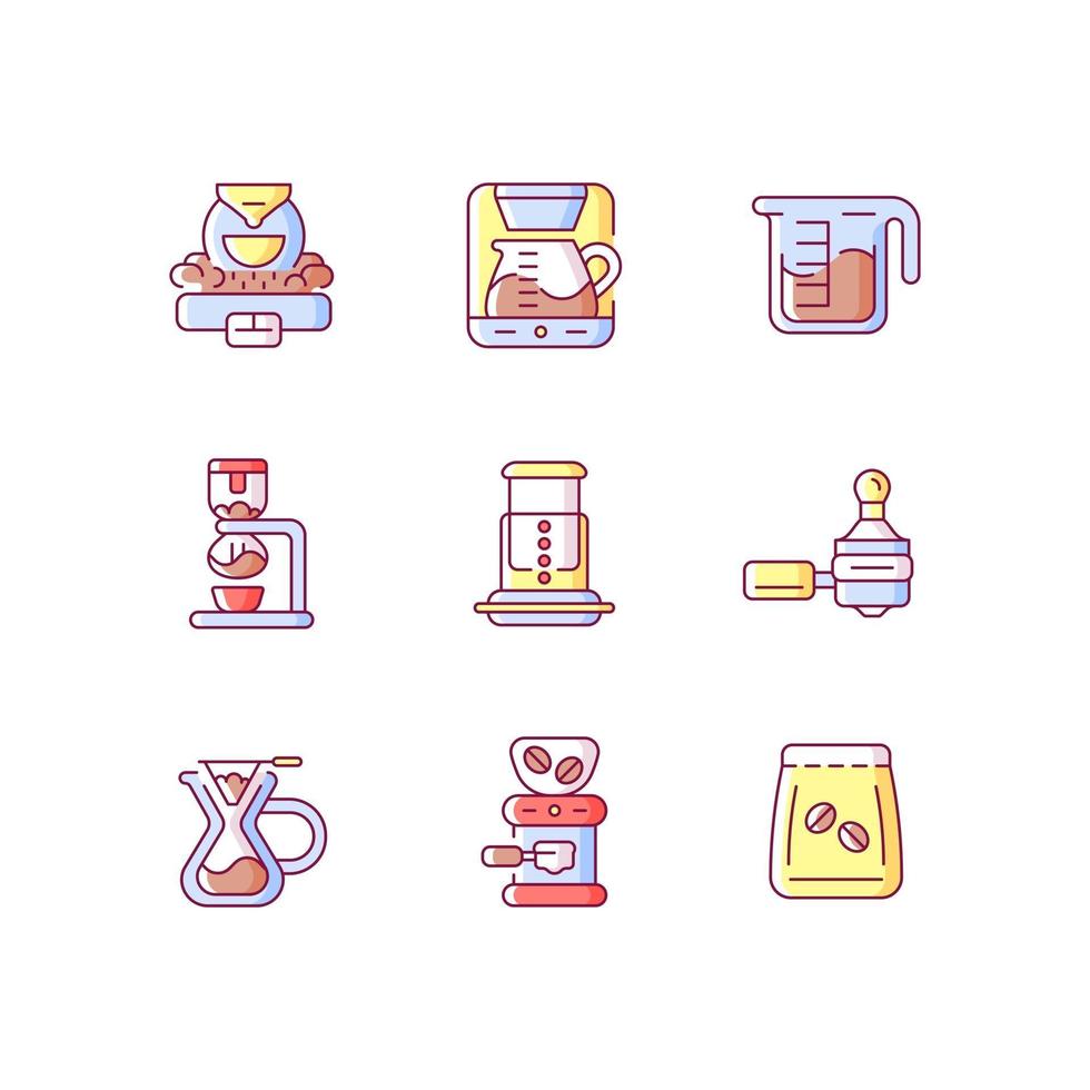 Coffee shop appliance RGB color icons set. Professional roaster for processing beans. Espresso machine for cafe. Isolated vector illustrations. Espresso making simple filled line drawings collection