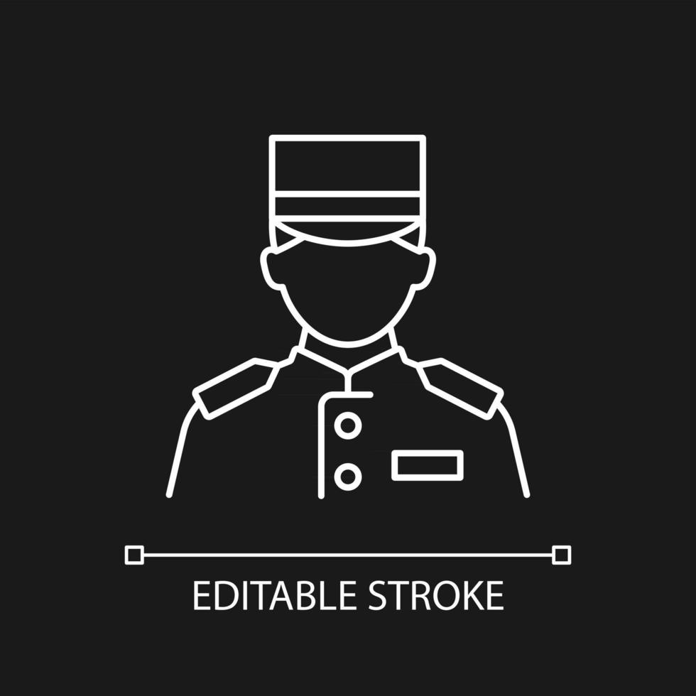 Cruise ship bellboy white linear icon for dark theme. Helping visitors with luggage. Thin line customizable illustration. Isolated vector contour symbol for night mode. Editable stroke