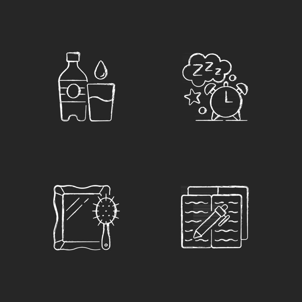 Daily schedule and routine chalk white icons set on dark background. Watter bottle. Sleep time. Alarm clock. Mirror and brush. Everyday routine. Isolated vector chalkboard illustrations on black