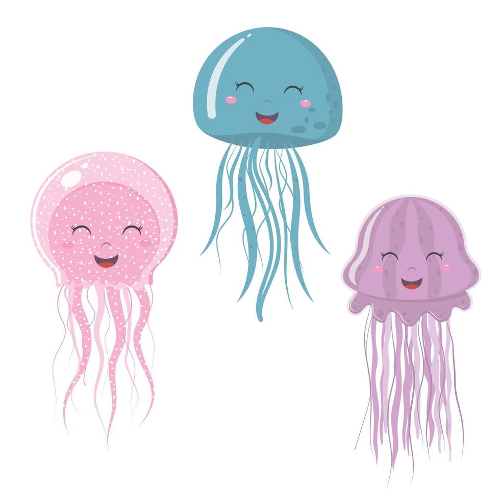 Lindos personajes de medusas aisladas, ilustración vectorial de color en estilo emoji de dibujos animados vector