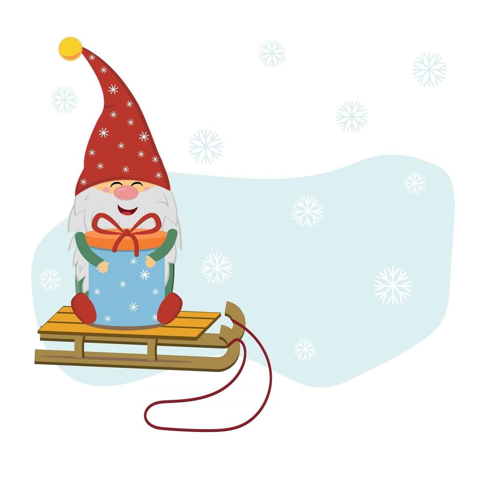 funny gnome with a gift on a sled for Christmas, vector isolated illustration in flat style