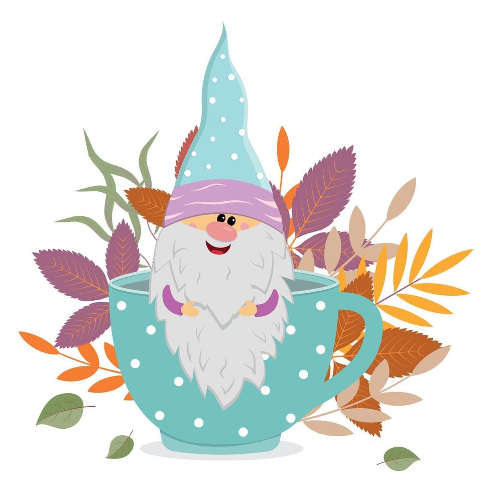 a cheerful dwarf sits in a mug with a warm drink on the background of autumn leaves, vector isolated illustration