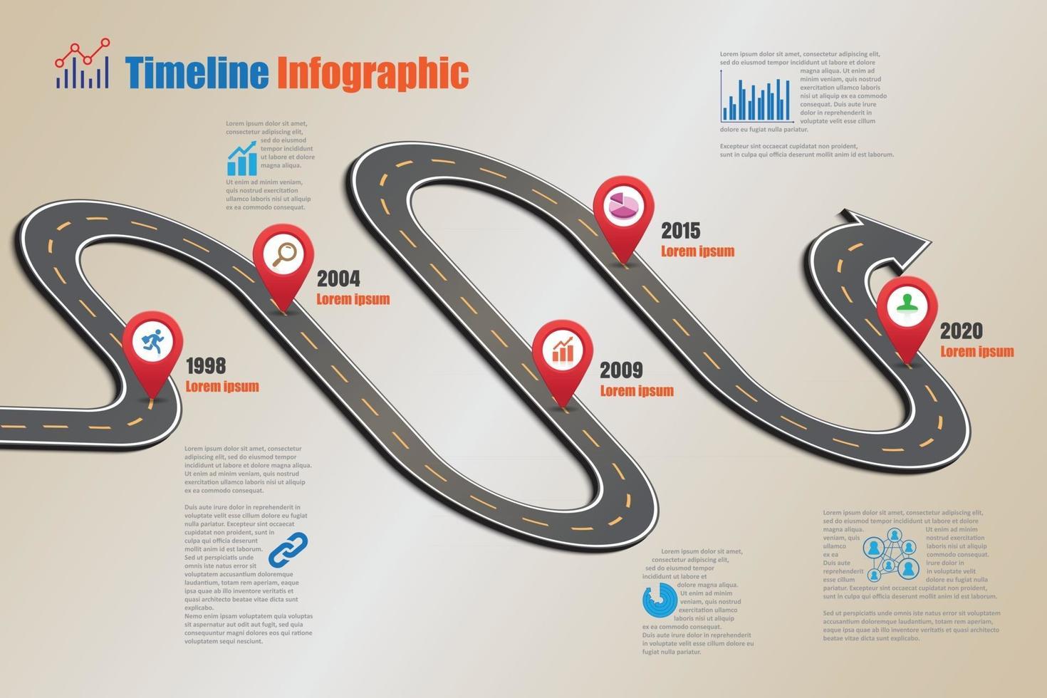 Plantilla de infografía de línea de tiempo de hoja de ruta de negocios con punteros diseñados para hito de fondo abstracto tecnología de proceso de diagrama moderno ilustración de vector de gráfico de presentación de datos de marketing digital