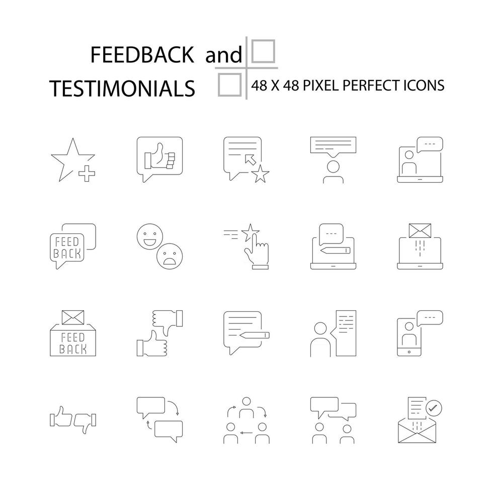 FEEDBACK and TESTIMONIALS customer satisfaction evaluation vector line 48x48 Pixel Perfect Icons, Editable Stroke.