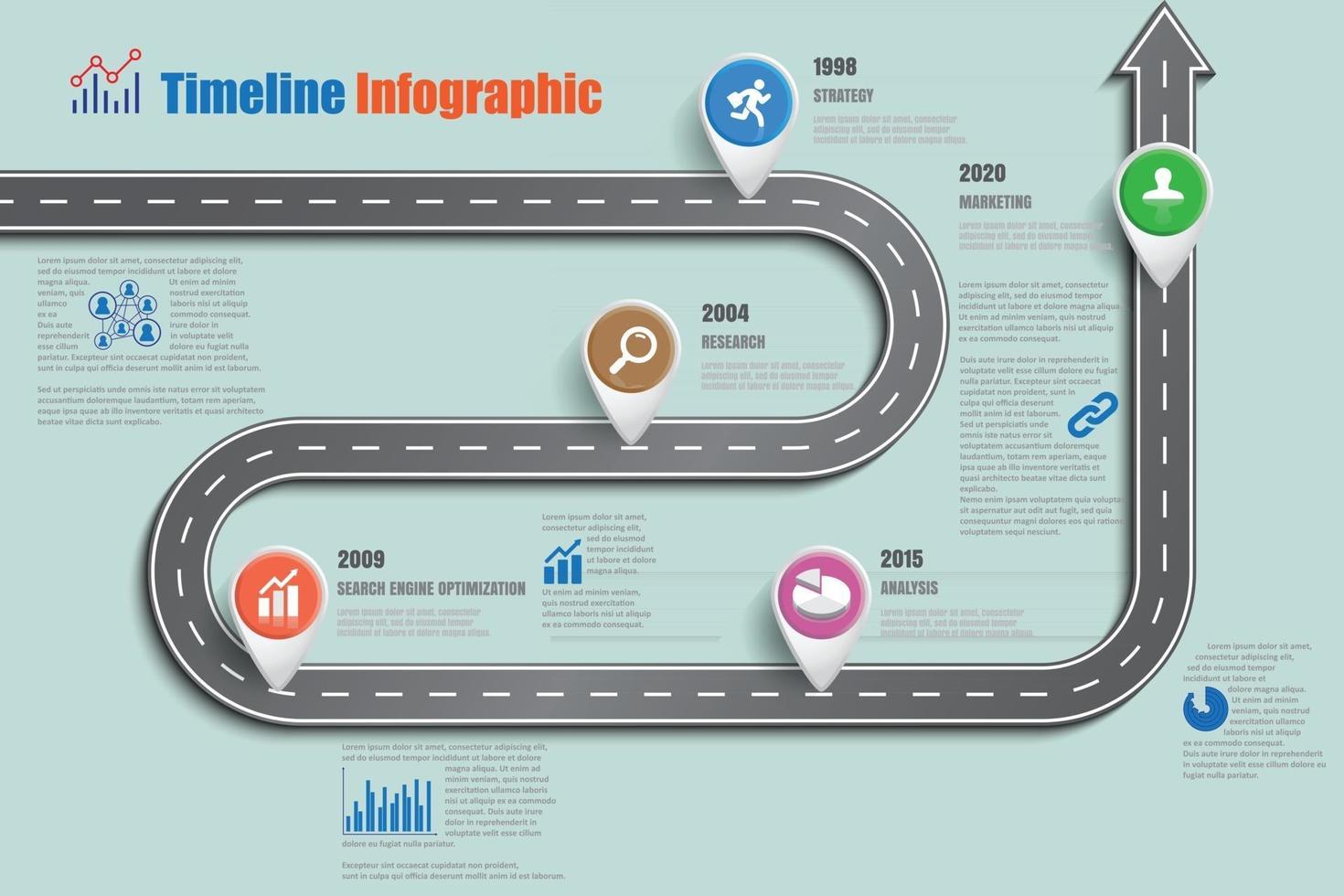 Iconos de infografía de línea de tiempo de hoja de ruta de negocios diseñados para plantilla de fondo abstracto tecnología de proceso de diagrama moderno ilustración de vector de gráfico de presentación de datos de marketing digital