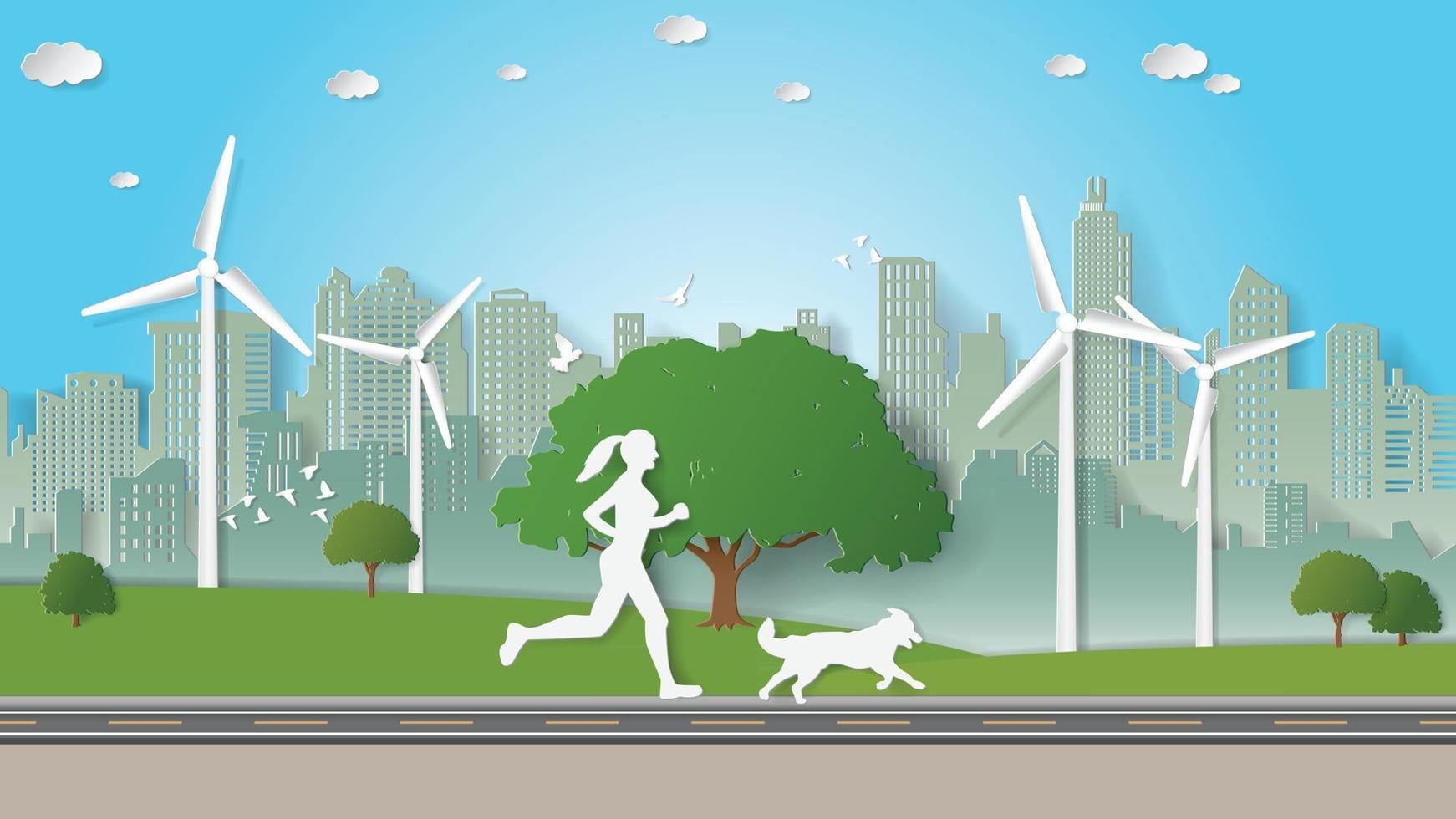 Paper folding art origami style vector illustration. Concept of Green sustainable energy ecology environment friendly, solo outdoor activities, woman and her dog are running alone in city parks.