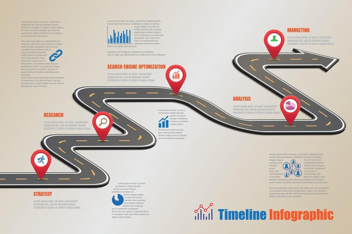 Plantilla de infografía de línea de tiempo de hoja de ruta de negocios con punteros diseñados para hito de fondo abstracto tecnología de proceso de diagrama moderno ilustración de vector de gráfico de presentación de datos de marketing digital
