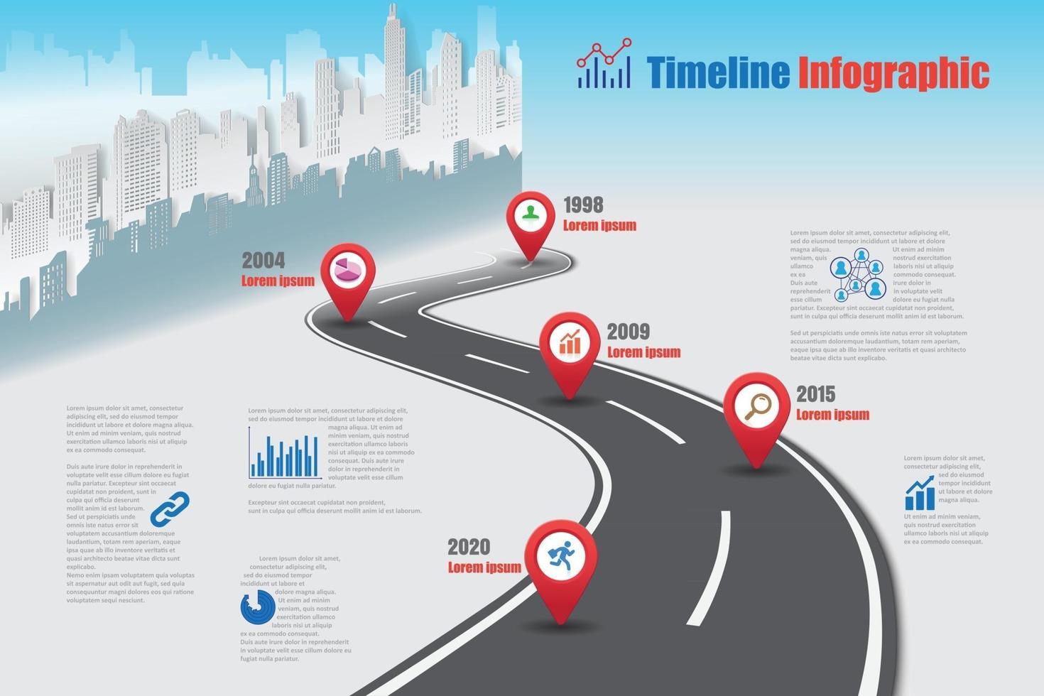 mapa de ruta de negocios ciudad de infografía de línea de tiempo diseñada para fondo abstracto plantilla elemento de hito diagrama moderno tecnología de proceso marketing digital presentación de datos gráfico ilustración vectorial vector