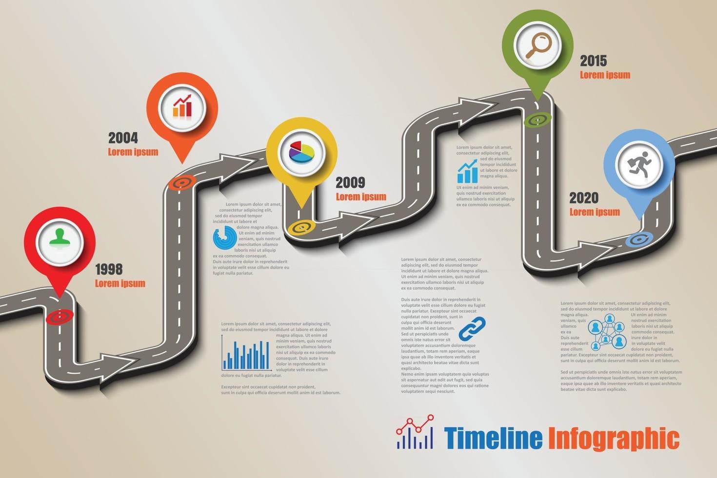 Plantilla de infografía de línea de tiempo de hoja de ruta de negocios con punteros diseñados para hito de fondo abstracto tecnología de proceso de diagrama moderno ilustración de vector de gráfico de presentación de datos de marketing digital