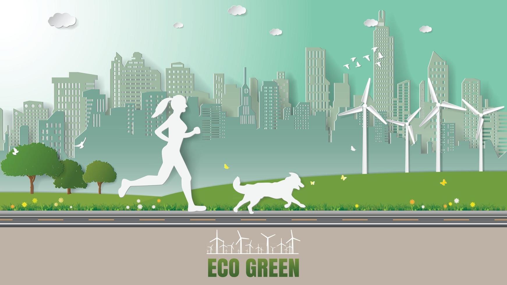 Ilustración de vector de estilo origami de arte de plegado de papel. energía renovable ecología tecnología ahorro de energía conceptos respetuosos con el medio ambiente. mujer y su perro corren en los parques verdes de la ciudad.