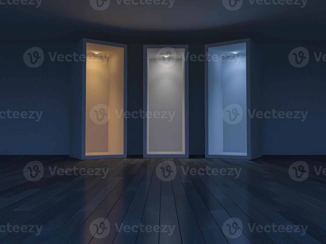 3D rendering image of 3 boxes which different light effect. photo