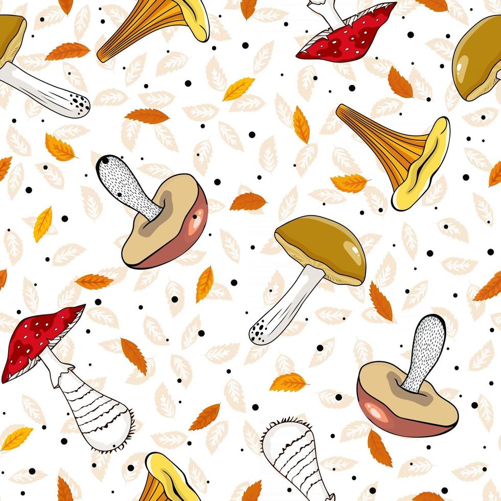 Seamless autumn pattern with mushrooms and leaves. Hand drawn pattern in flat style. Wallpaper, textiles, wrapping paper, page filling, cover, web, packaging. vector