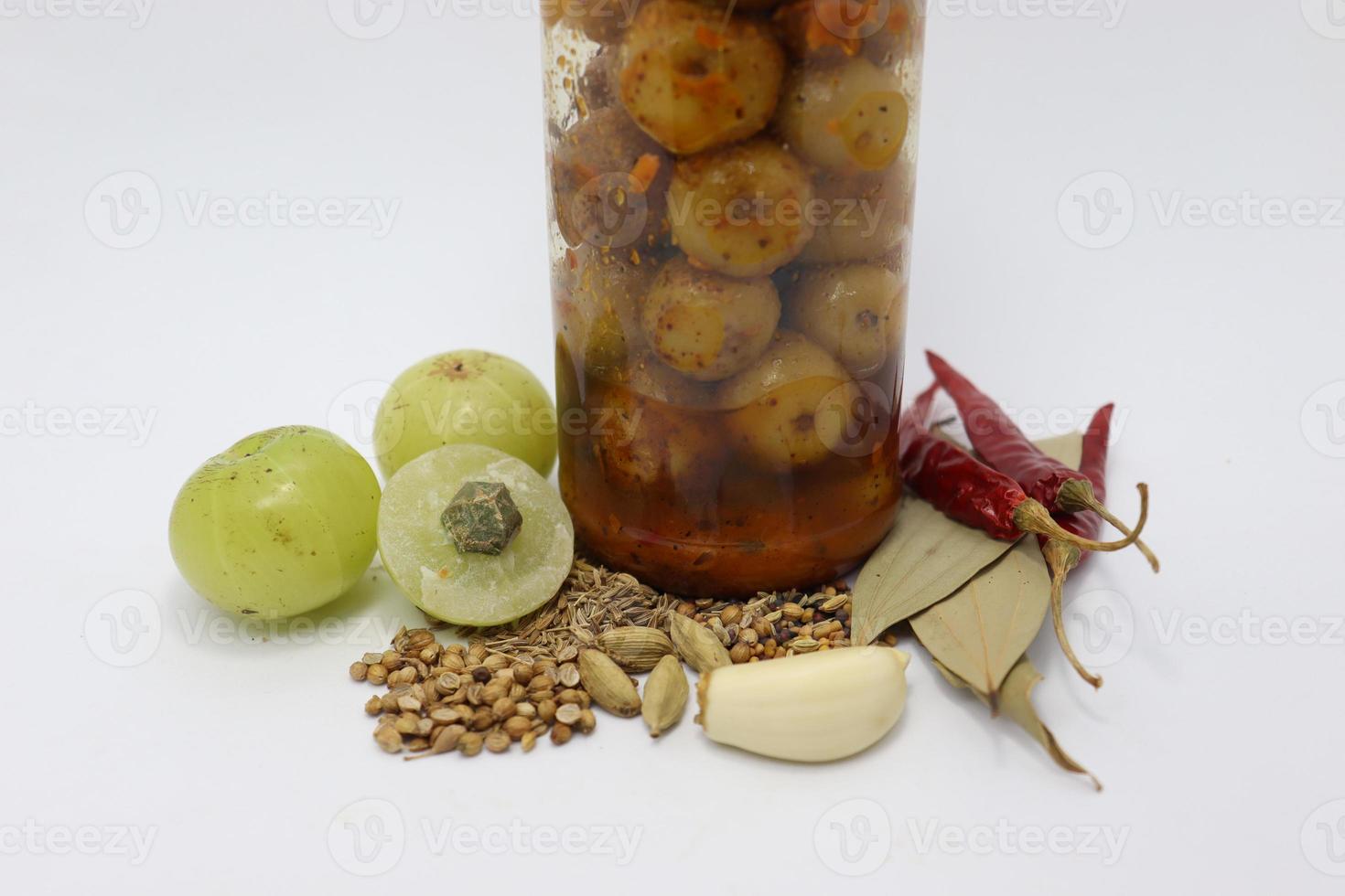 tasty pickle of Gooseberry in jar photo