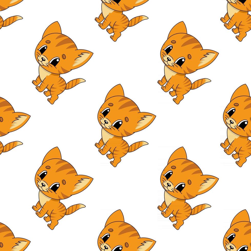 Happy kitten. Colored seamless pattern with cute cartoon character. Simple flat vector illustration isolated on white background. Design wallpaper, fabric, wrapping paper, covers, websites.