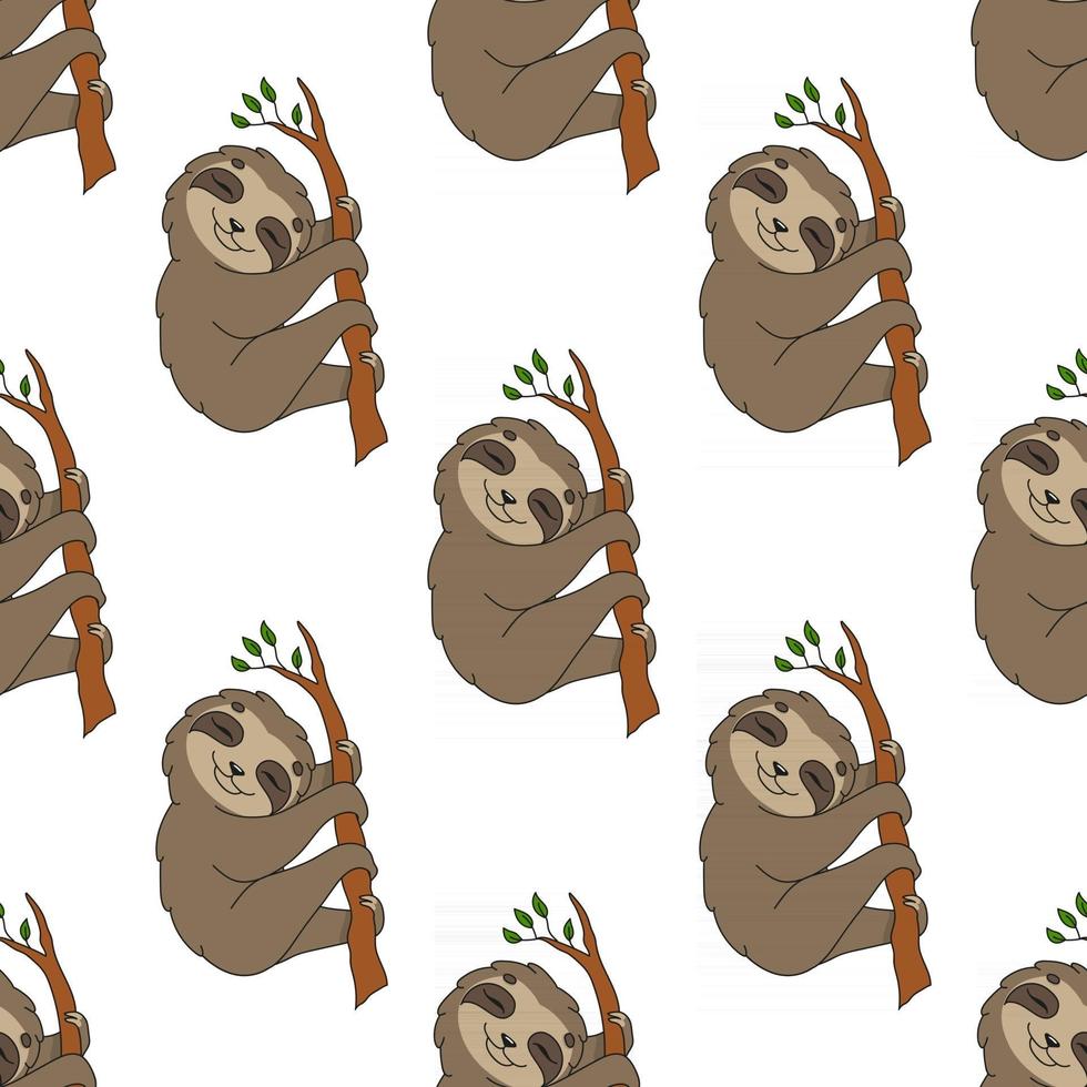 Happy sloth. Colored seamless pattern with cute cartoon character. Simple flat vector illustration isolated on white background. Design wallpaper, fabric, wrapping paper, covers, websites.